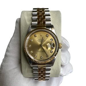 ROLEX DATEJUST MENS 36MM 16233 CHAMPAGNE GOLD BID DIAMOND DIAL 18K YG/SS